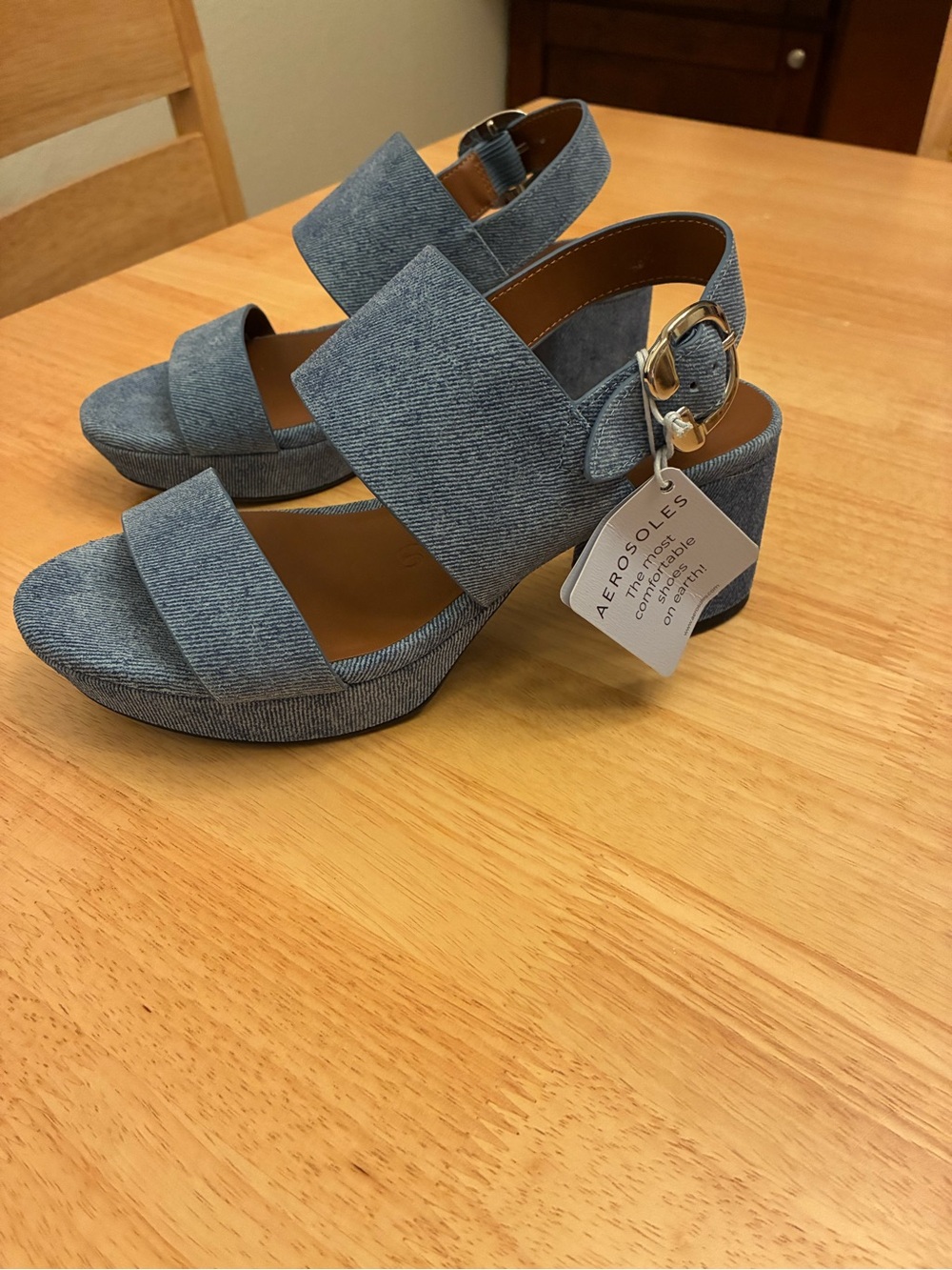 AEROSOLES Light Blue Denim Platform Sandals with Block Heel